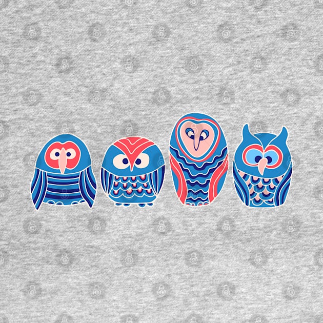 WOO HOO Owls Cute Funny Birds Forest Woodland Nature Wildlife in Blue Red Pink Cream - UnBlink Studio by Jackie Tahara by UnBlink Studio by Jackie Tahara